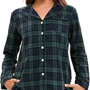 Women's Sz Medium 2 Piece Long Sleeve Sleepwear Loungewear Pajamas Green Plaid